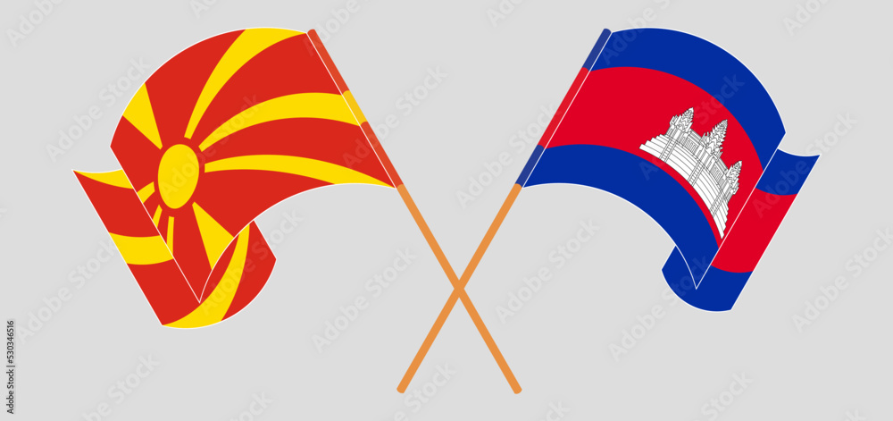Crossed and waving flags of North Macedonia and Cambodia Crossed and waving flags of North Macedonia and Cambodia
