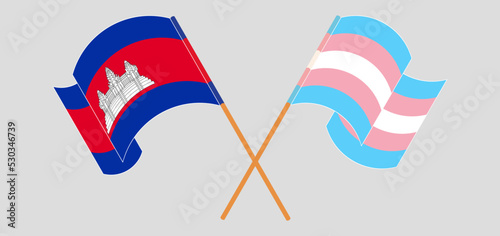 Crossed and waving flags of Cambodia and Transgender Pride