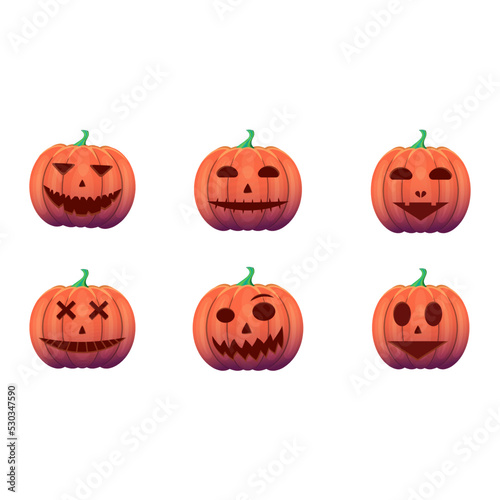 Set of halloween pumpkins funny scary  faces Vector illustration Orange pumpkin on white background holiday Halloween.
