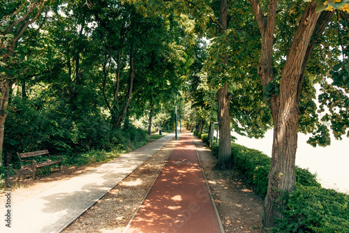 Modern walkway and running path differentiated by colours shot on a sunny day in a park.