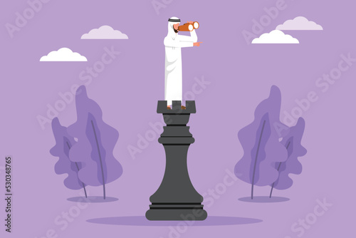 Cartoon flat style drawing smart Arabian businessman on top of big rook chess piece using telescope looking for success, goals opportunities, future business trends. Graphic design vector illustration