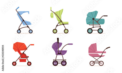 Baby Stroller or Pram as Transport for Carrying Little Kids Vector Set