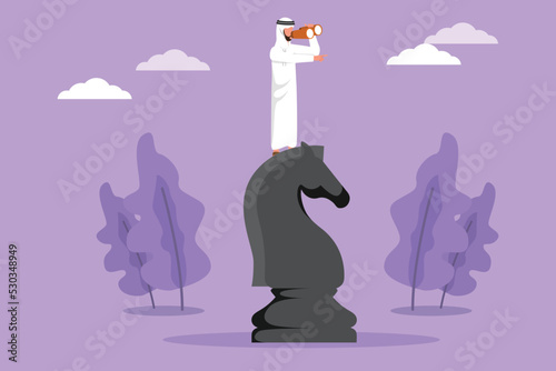 Graphic flat design drawing innovative Arabian businessman on top of big horse chess piece using telescope looking for success, goals opportunities, business trends. Cartoon style vector illustration