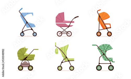 Baby Stroller or Pram as Transport for Carrying Little Kids Vector Set