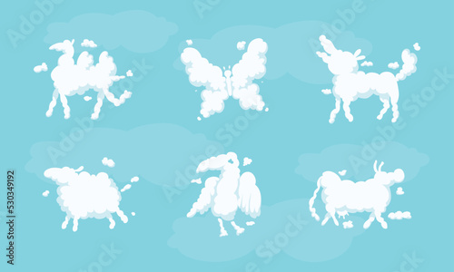 White Shaped Animal Fluffy Clouds Floating and Scudding Across Blue Sky Vector Set