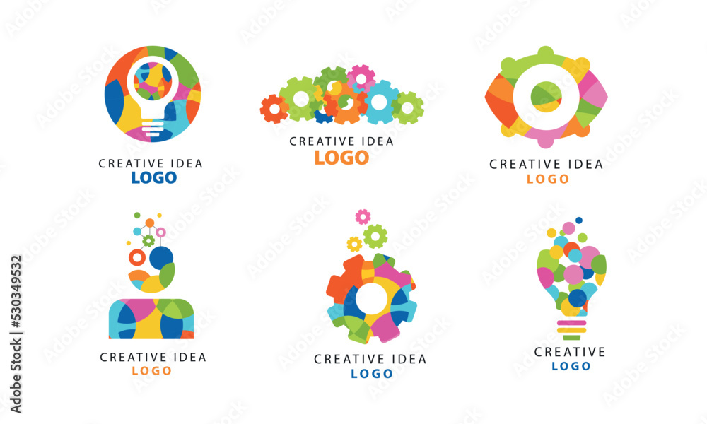 Creative Idea Logo with Bright Colored Gear Wheel and Light Bulb Vector Set