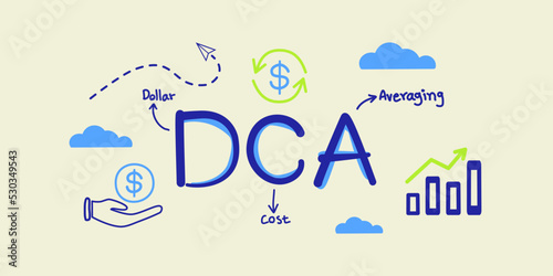 DCA word and icon in idea Dollar Cost Averaging investment strategy, Saving stock or savings on a monthly, quarterly basis. Vector illustrator.