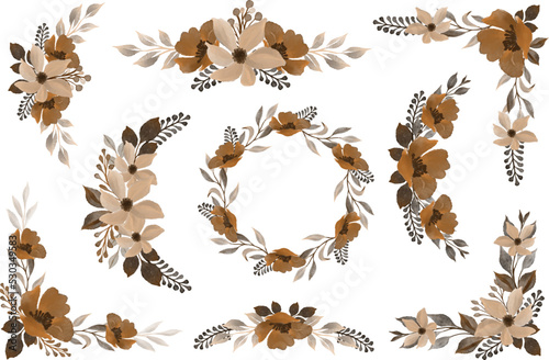 set of brown watercolor floral frame for wedding card