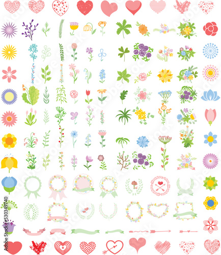 Set of wedding graphic set- wreath, flowers, arrows, hearts, laurel, ribbons and labels, hand drawing vector illustration