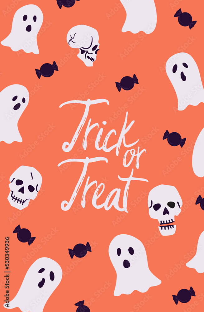 Fototapeta premium Halloween card with ghosts, skulls and candy background
