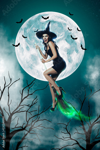 Photographie Creative abstract template graphics image of lady witch flying broom stick moonl