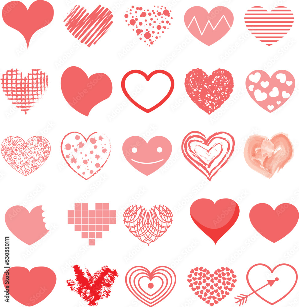 Heart Symbol Vector Red Shapes Collection Of Various Flat Icons Isolated On Light Background. Valentines Day Assorted Different Hearts Graphic Love Symbol Design Elements Set.