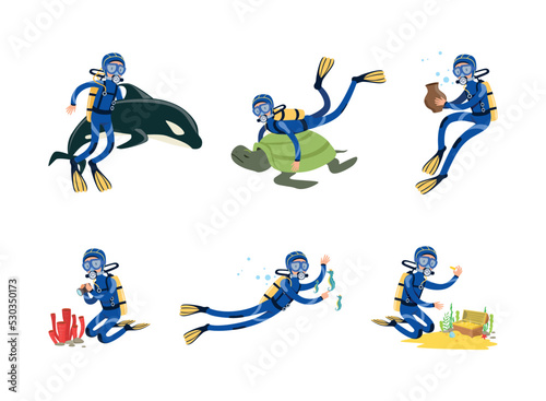 Scuba Diver Diving with Snorkeling Mask and Goggles Floating Underwater with Whale and Finding Treasure Chest Vector Set