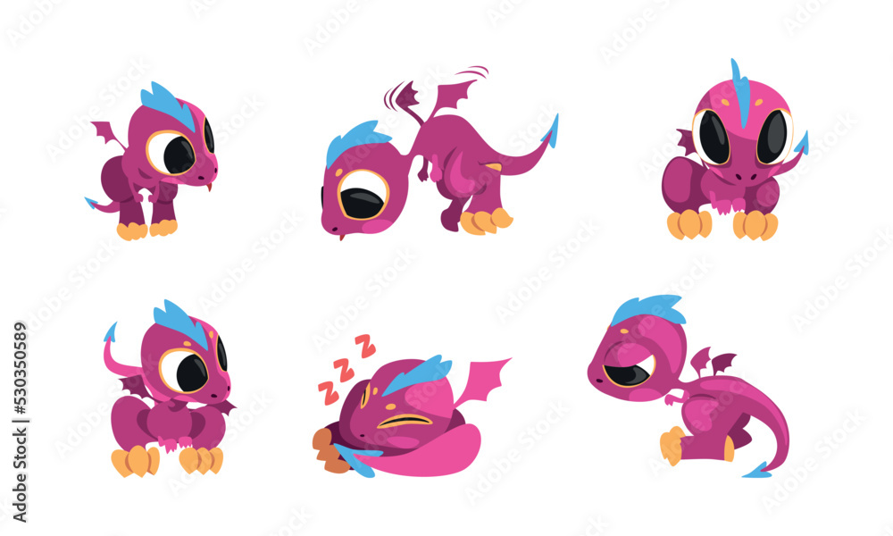 Fototapeta premium Cartoon Purple Baby Dragon as Fire Breathing Creature with Wings Vector Set