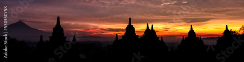 Panorama sunrise Borobudur religious temple at sunrise Indonesia