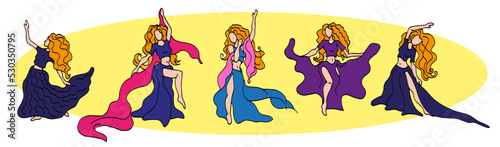 Dance. Vector illustration of oriental dance, stylized girl in different poses of belly dance