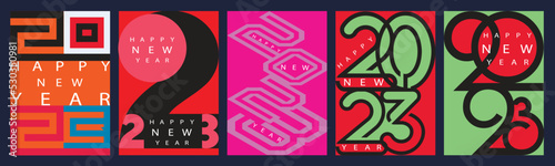 Creative concept of 2023 Happy New Year posters set. Design templates with typography logo 2023 for celebration and season decoration. Minimalistic trendy backgrounds for branding, banner, cover, card