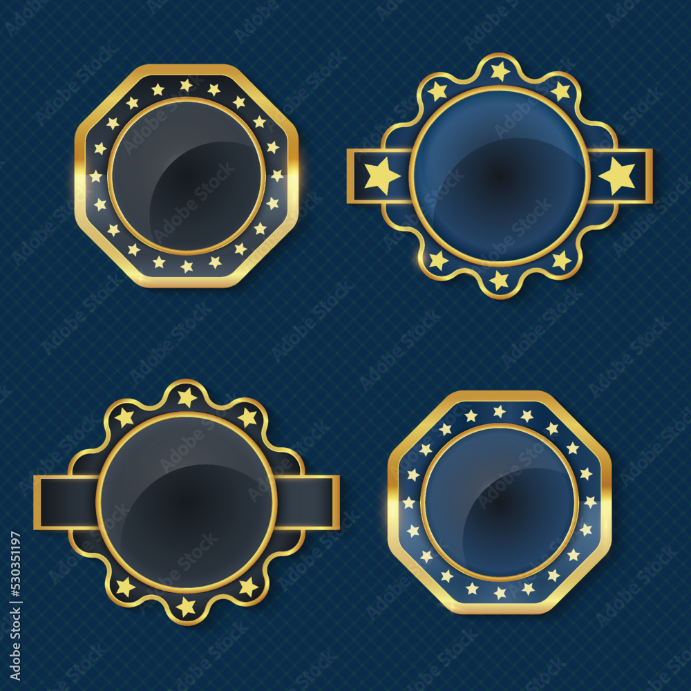 Gold and blue gradient labels set, glossy labels. Realistic elegant frame badge and label vector collection. precious luxury award badge on blue background
Gold and blue gradient labels set, glossy labels. Realistic elegant frame badge and label vector collection. precious luxury award badge on blue background
