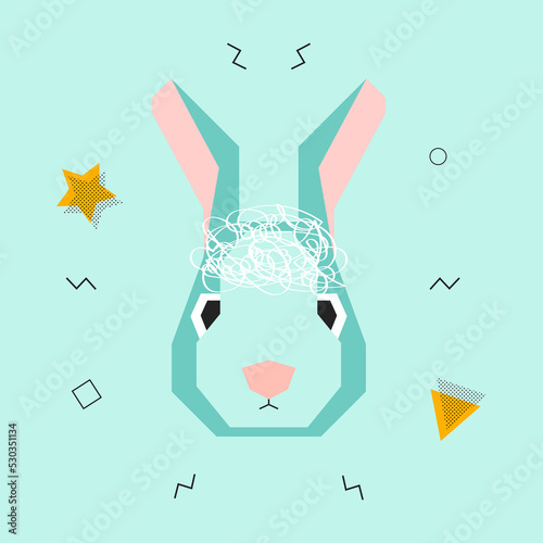Rabbit head in Memphis style. Abstract modern illustration of simple shapes. New Year card. Symbol of 2023. Cute character.
