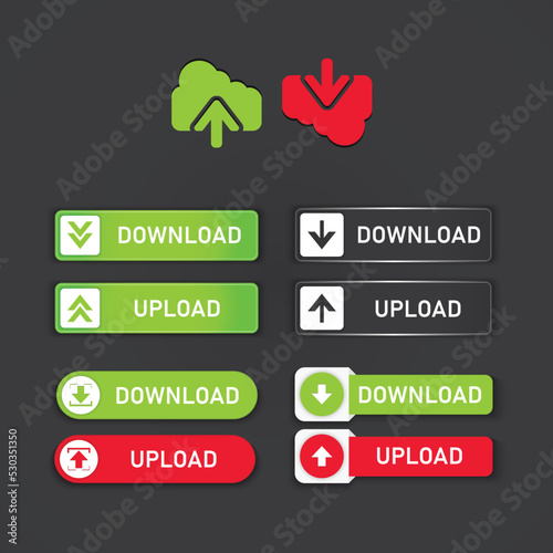 download and upload button set in different style and colour. Set of modern buttons for web site and ui. Web design button collection vector. 