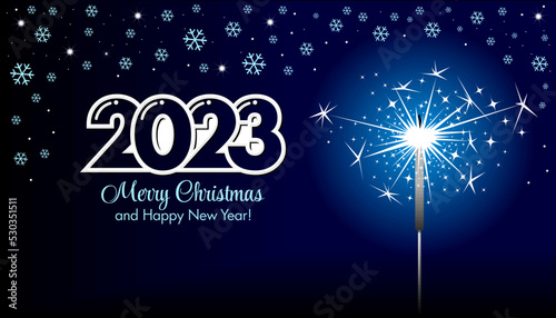 2023 template for Christmas corporate greeting card or invitation. Starry night sky with snowflakes and sparkler. Vector illustration.