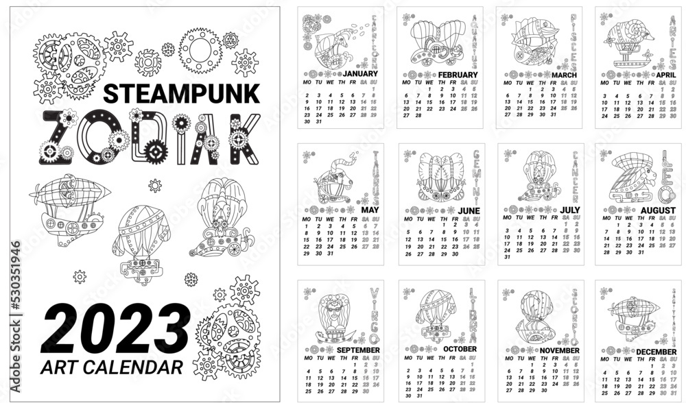 Obraz premium Vector calendar template for 2023 with airships in the form of zodiac signs. Calendar for 2023 with zodiac signs in steampunk style and cute cover. Black and white illustration in linear style