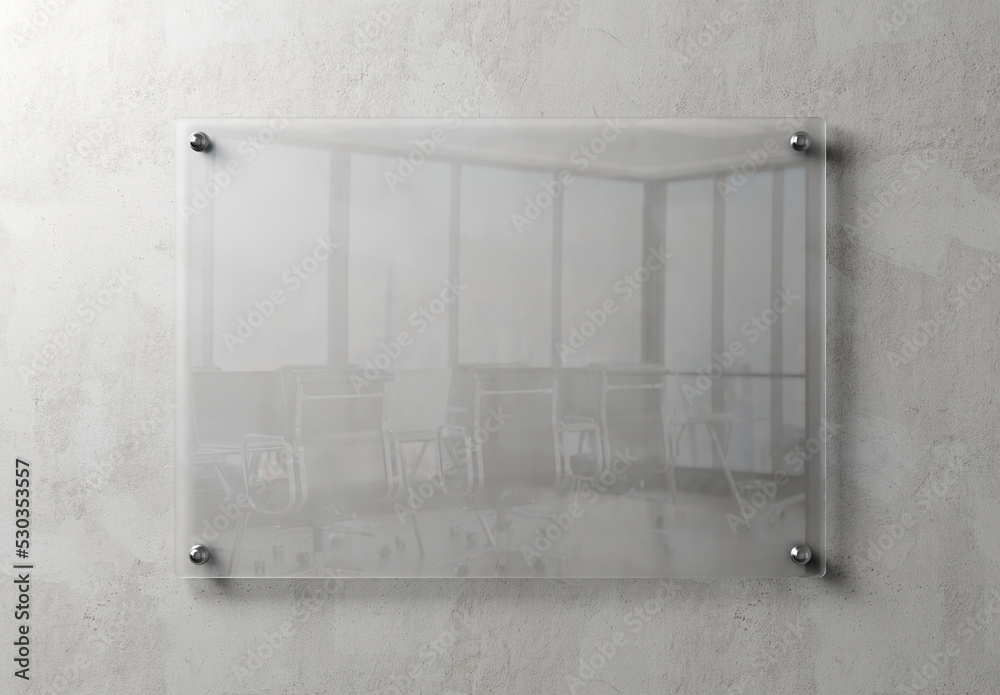 Transparent glass sign plate on wall mockup. Template of a blank plastic business signboard on concrete texture. 3D rendering