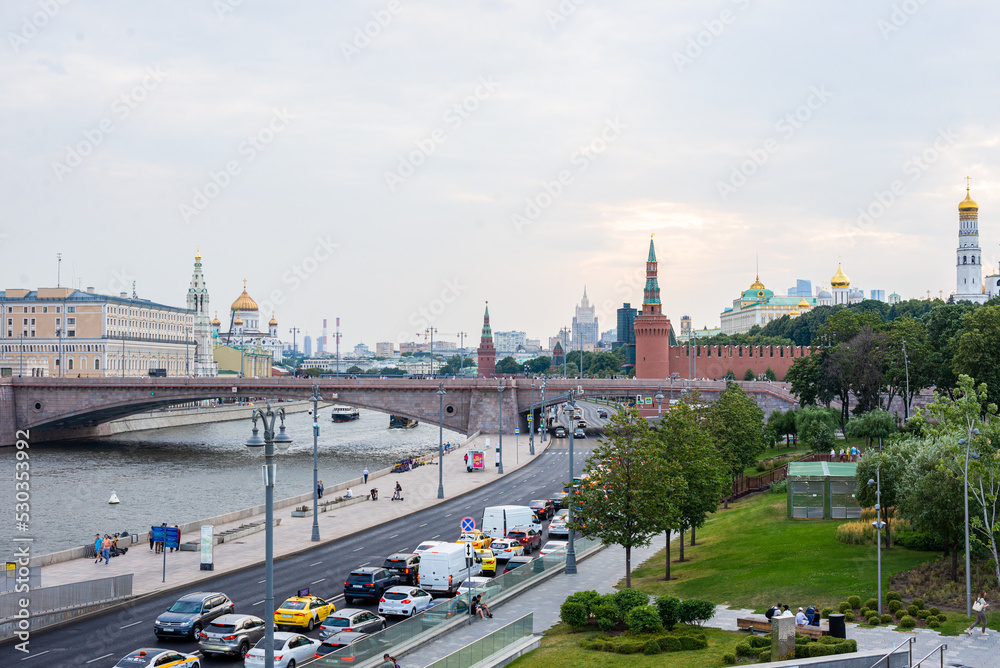 View of the Moscow Kremlin on the bank of the Moscow river. Cityscape of Moscow. Summer 2022