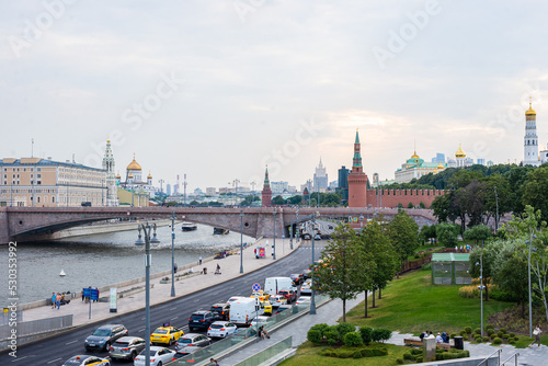 View of the Moscow Kremlin on the bank of the Moscow river. Cityscape of Moscow. Summer 2022