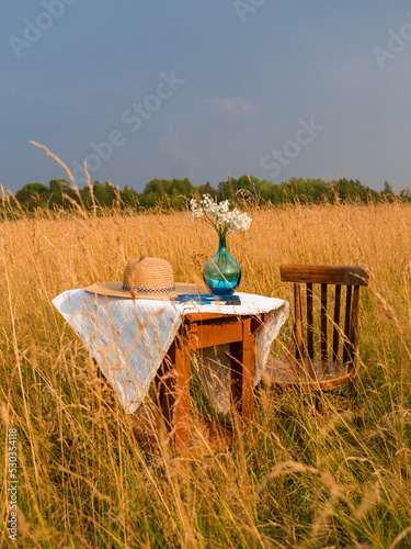 Summer picnic in a field with tall, yellow grass. On the table is a notebook, a vase of flowers and a straw hat. Light and romantic picnic for two. No people