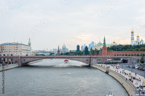 View of the Moscow Kremlin on the bank of the Moscow river. Cityscape of Moscow. Summer 2022