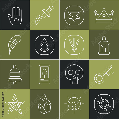 Set line Tarot cards, Old key, Burning candle, Earth element, Mars, Feather pen, Hamsa hand and Neptune planet icon. Vector