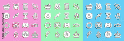 Set line Libra zodiac, Snake, Hamsa hand, Decree, parchment, scroll, Dagger, Mars, Mortar pestle and Medieval goblet icon. Vector