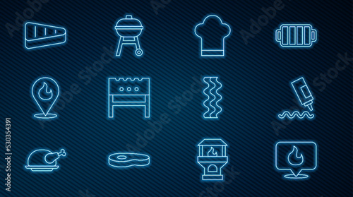 Set line Location with fire flame, Sauce bottle, Chef hat, BBQ brazier, Steak meat, Bacon stripe and Barbecue grill icon. Vector