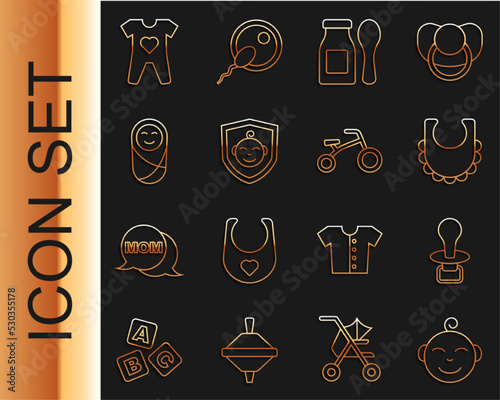 Set line Little boy head, Baby dummy pacifier, bib, Yogurt in bottle with spoon, shield, Newborn baby infant swaddled, clothes and Bicycle for kids icon. Vector