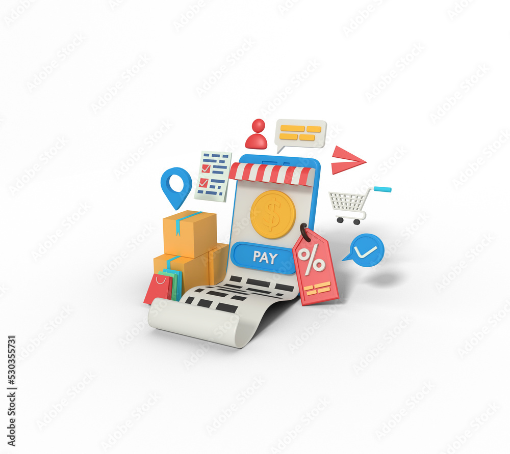 3d Illustration of Bill shopping online discount