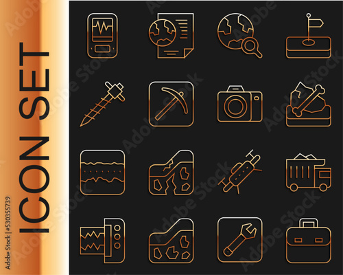 Set line Briefcase, Mining dump truck, Archeology, Magnifying glass with globe, Pickaxe, Construction jackhammer, Seismograph and Photo camera icon. Vector