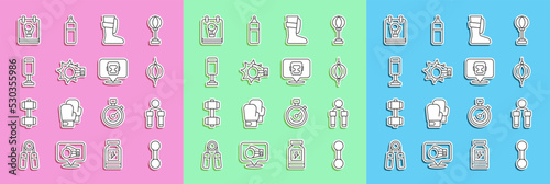 Set line Dumbbell, Jump rope, Punching bag, Sport boxing shoes, glove, Boxing and helmet icon. Vector