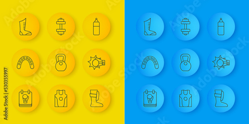 Set line Boxing glove, Mouth guard boxer, Weight, Sport boxing shoes, Punch, Punching bag and Dumbbell icon. Vector