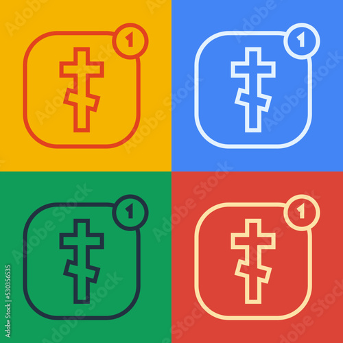 Pop art line Online church pastor preaching video streaming icon isolated on color background. Online church of Jesus Christ. Vector