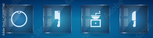 Set Cutting board, Meat chopper, Manual coffee grinder and Knife. Square glass panels. Vector