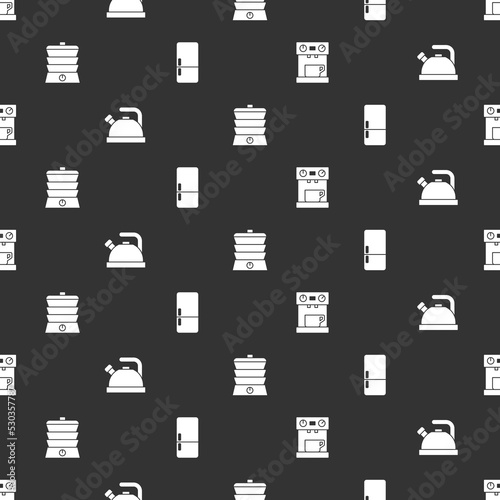 Set Coffee machine, Kettle with handle, Slow cooker and Refrigerator on seamless pattern. Vector