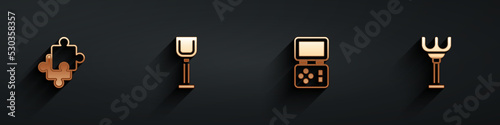 Set Puzzle pieces toy, Shovel, Tetris electronic game and Rake icon with long shadow. Vector
