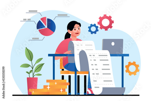 Analyzing budget web. Woman sitting with big check, counting income and expenses. Businesswoman or entrepreneur reading bill. Financial literacy and economics. Cartoon flat vector illustration