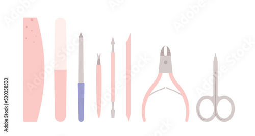 Manicure tools set. Nail scissors, file, buffer, cuticle trimmer, nippers, pusher. Products for nail care in the salon or at home. Vector illustration in cartoon style. Isolated white background
