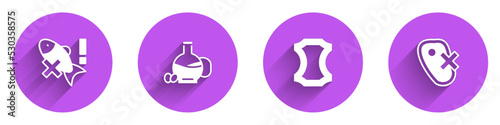 Set No fish, Bottle of olive oil, Leather and meat icon with long shadow. Vector
