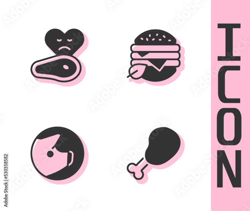 Set Chicken leg, Steak meat, Pig and Vegan food diet icon. Vector
