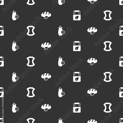 Set Shopping bag with recycle, Leather, Eggplant and Vegan bread loaf on seamless pattern. Vector
