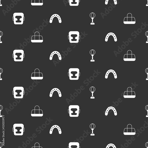 Set Punching bag, Sport, Boxing helmet and Mouth guard boxer on seamless pattern. Vector