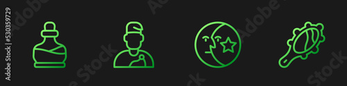Set line Moon and stars, Bottle with potion, Wizard warlock and Magic hand mirror. Gradient color icons. Vector